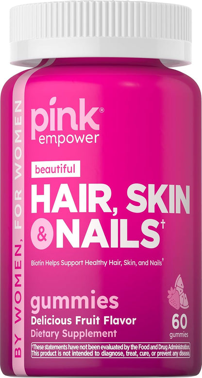 PINK Hair Skin Nails Gummies | 2,500 mcg Biotin | 60 Count | Non-GMO & Gluten-free Vitamins for Women | Strawberry Flavour