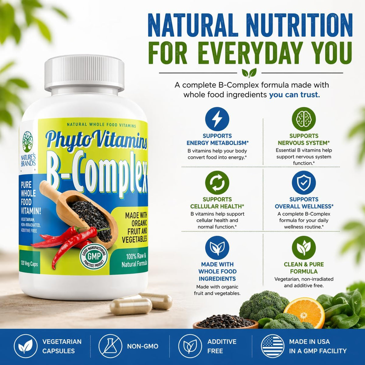 Nature's Brands Organic Whole Food Vitamin B Complex - 120 Vegetarian Capsules - görsel 2
