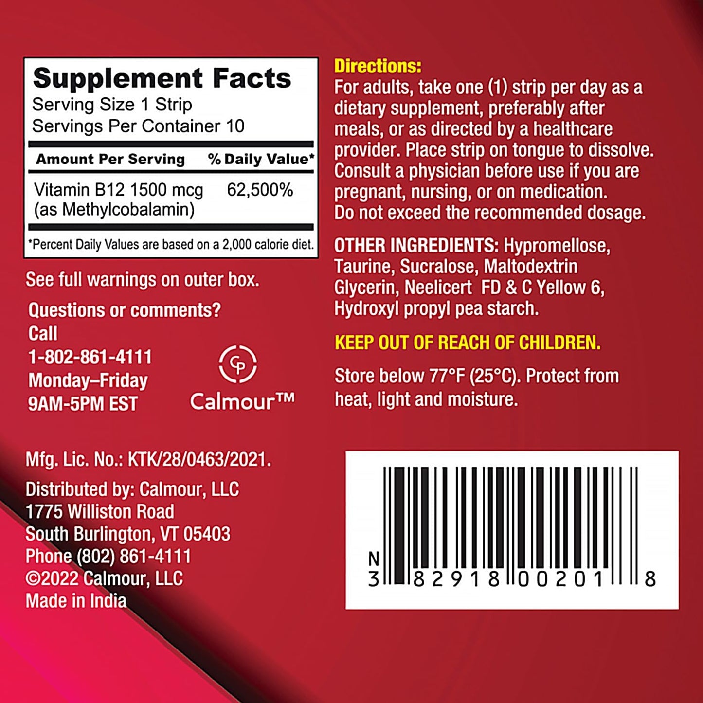 Calmour Vitamin B12 Strips - 1500 mcg Methylcobalamin, Mint, 10 Pack - görsel 6