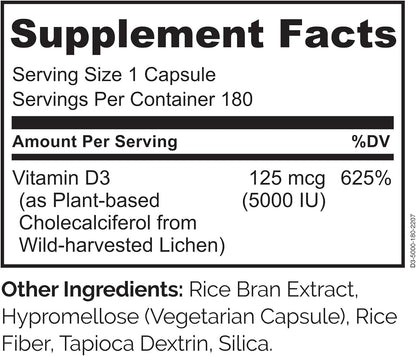 NATURELO Vitamin D - 5000 IU - Plant Based from Lichen - Natural D3 Supplement - Vegan - Non-GMO - Gluten-free - 180 Capsules