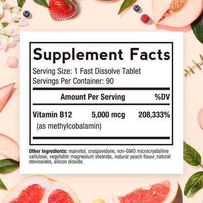 Doctor's Recipes Vitamin B12 Methylcobalamin 5000 mcg Fast Dissolve Tablets - Natural Peach Flavour, Vegan