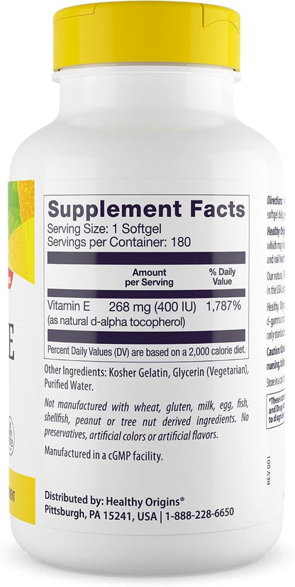 Healthy Origins Vitamin E 400 IU - 180 Liquid Softgels with Natural Mixed Tocopherols