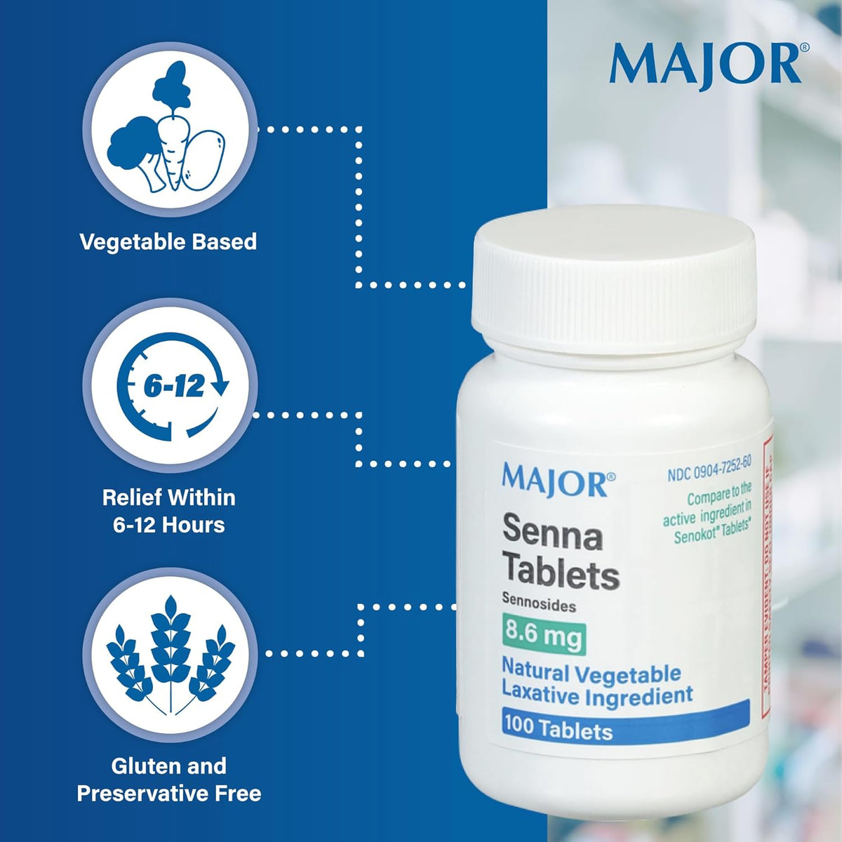 Major Senna 8.6 mg Traditional Herbal Laxative Tablets - Made with Sennosides - Provides Occasional Constipation Relief - 100 Tablets - görsel 3