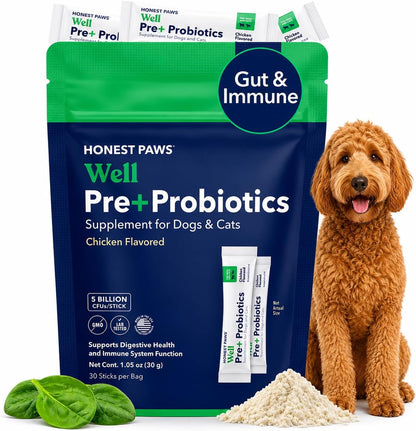 Honest Paws Probiotics for Dogs - Dog Digestion Gut Health Probiotic Powder with Prebiotic Made in the USA, Digestive and Immune Support - Digestive Enzymes with Pumpkin Flavour (30 Sticks)