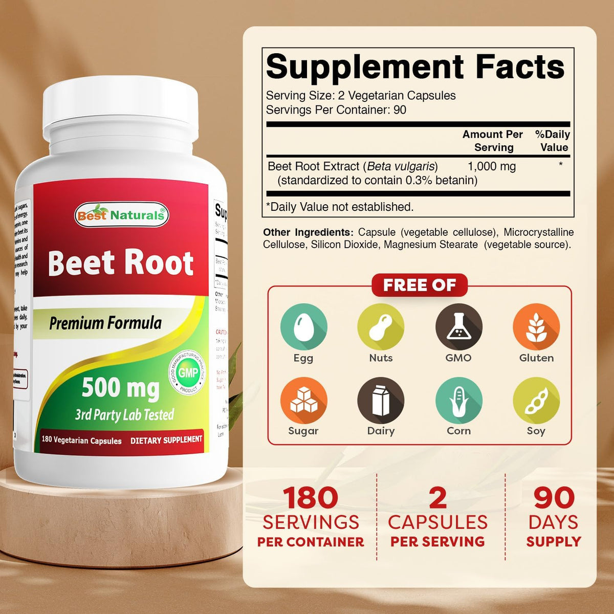 Best Naturals Beet Root Powder 500 mg Capsules, 180 Count - görsel 2
