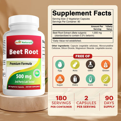 Best Naturals Beet Root Powder 500 mg Capsules, 180 Count