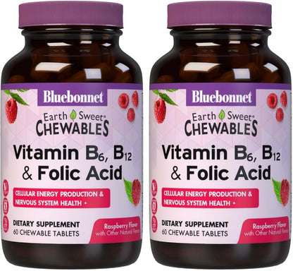 Bluebonnet Nutrition Earth Sweet Vitamin B6, B12 & Folic Acid Chewable Tablets, Raspberry Flavour
