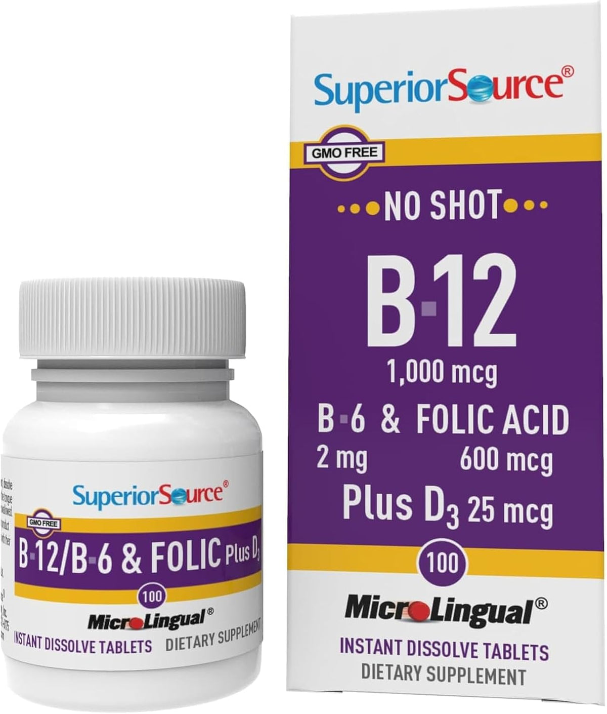 Superior Source No Shot Vitamin B-12 Cyanocobalamin 1000 mcg with B-6, Folic Acid & Vitamin D-3 - 100 Sublingual Tablets - görsel 1