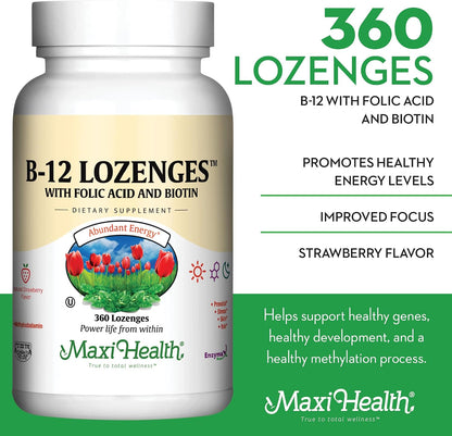 Vitamin B12 Lozenges with Folic Acid and Biotin - Sublingual Strawberry Flavour - 360 Lozenges