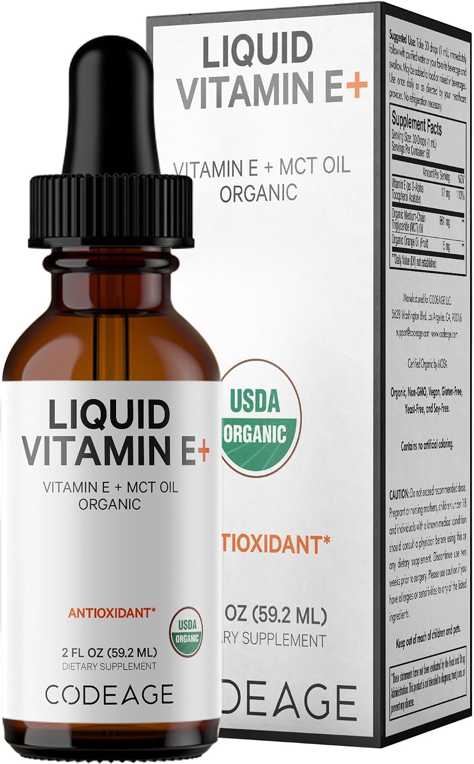 Codeage Liquid Vitamin E+ - USDA-Certified Organic Vitamin E - 2-Month Supply - D-Alpha Tocopherol Acetate, Organic MCT Oil, Orange Fruit Oil, Unflavoured, Non-GMO, Vegan, Gluten-free, 60 ml - görsel 1