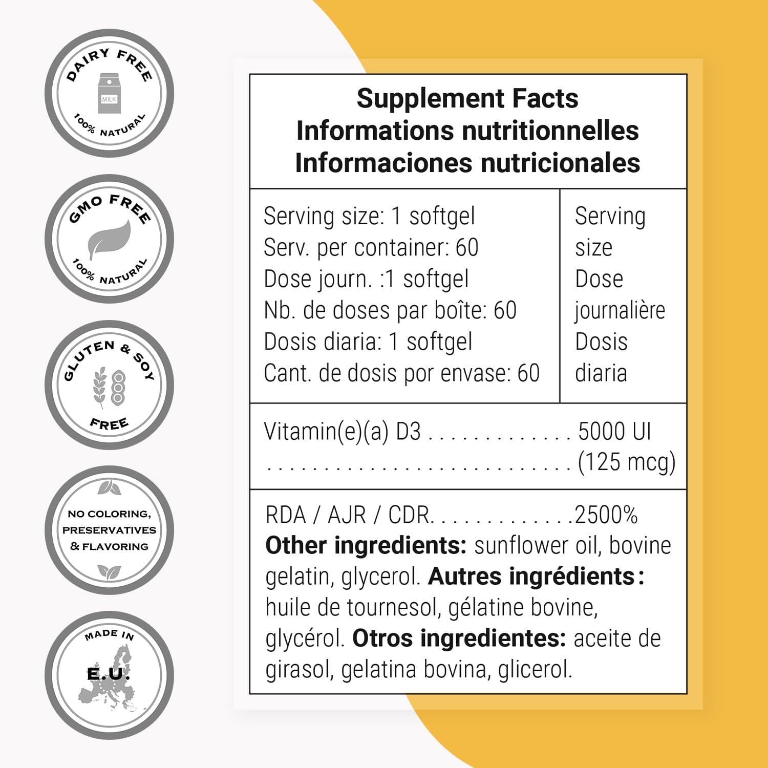Supersmart Vitamin D3 5000 IU (125 mcg) - High Potency with Sunflower Oil - Non-GM & Gluten-free - 60 Softgels - görsel 4