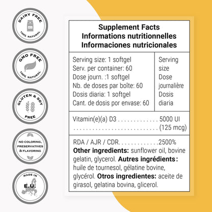 Supersmart Vitamin D3 5000 IU (125 mcg) - High Potency with Sunflower Oil - Non-GM & Gluten-free - 60 Softgels