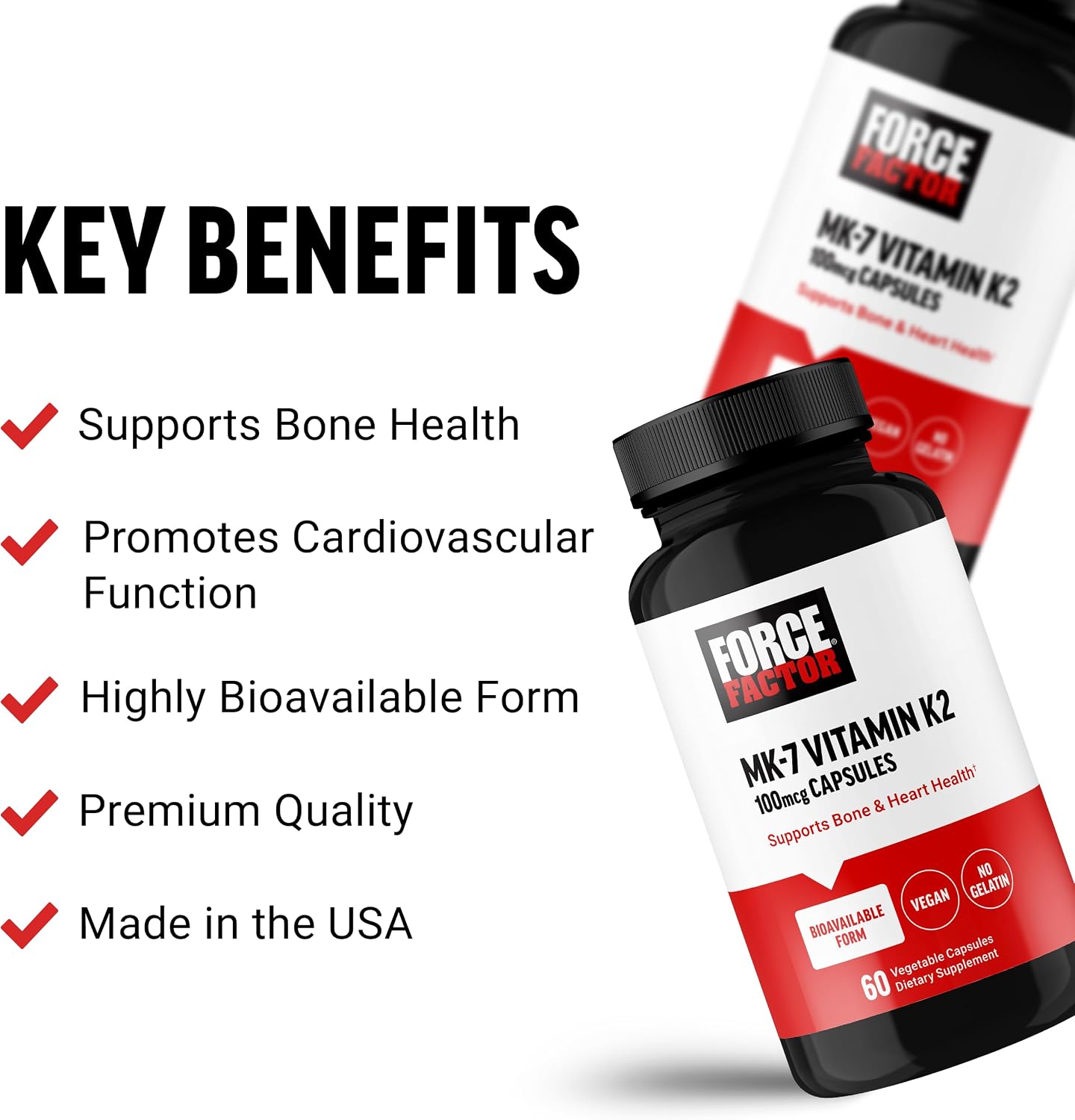 Force Factor MK-7 Vitamin K2 100mcg, Bone Support, Heart Health, Bio-available, Vegan, Non-GMO, 60 Vegetable Capsules - görsel 2