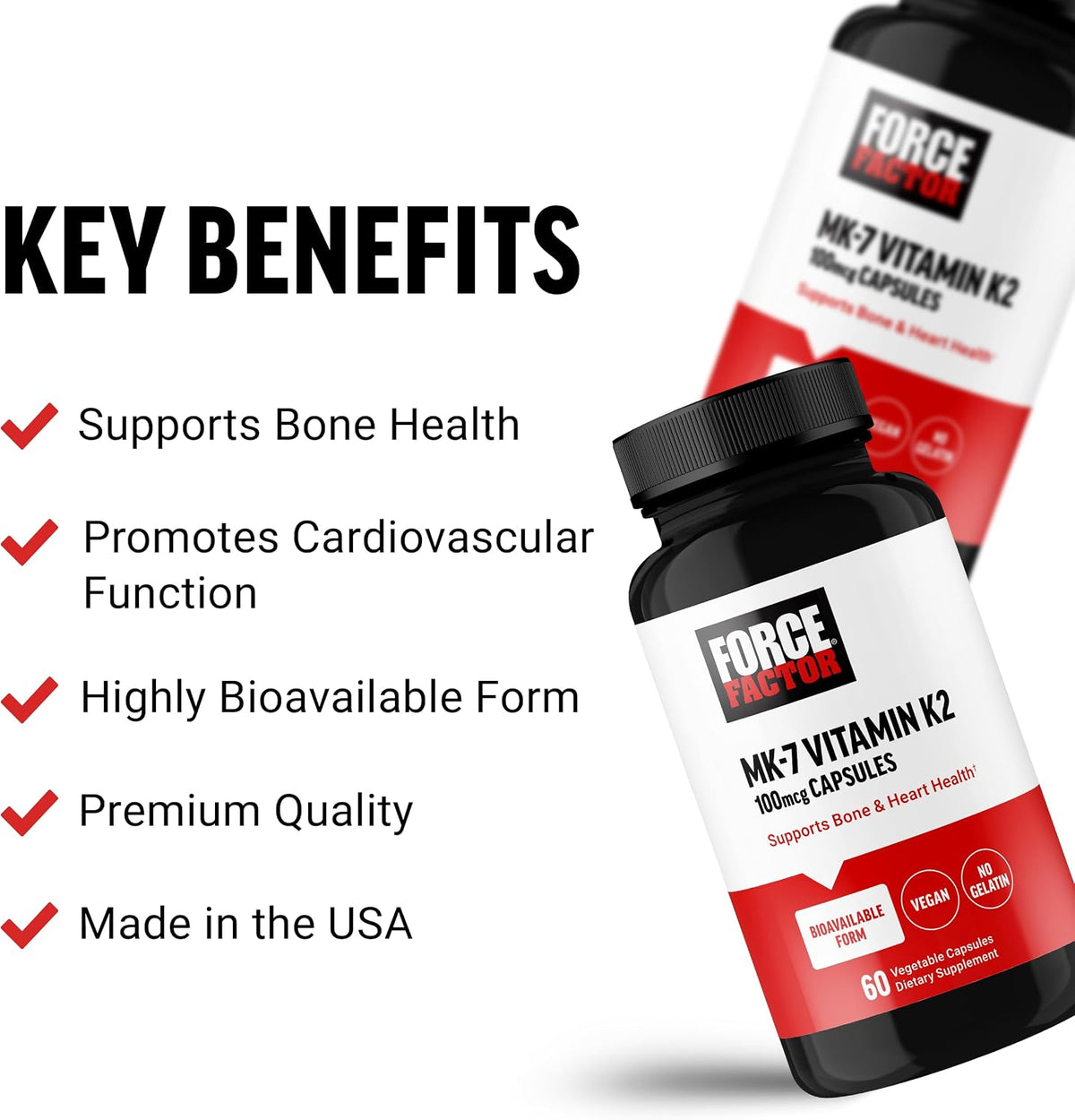 Force Factor MK-7 Vitamin K2 100mcg, Bone Support, Heart Health, Bio-available, Vegan, Non-GMO, 60 Vegetable Capsules - görsel 2