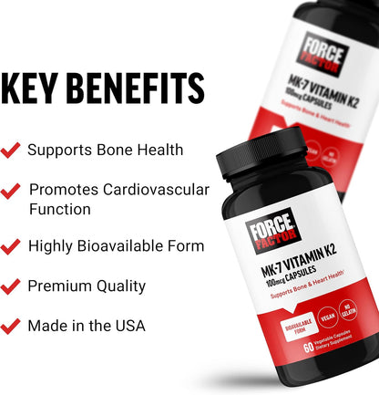 Force Factor MK-7 Vitamin K2 100mcg, Bone Support, Heart Health, Bio-available, Vegan, Non-GMO, 60 Vegetable Capsules