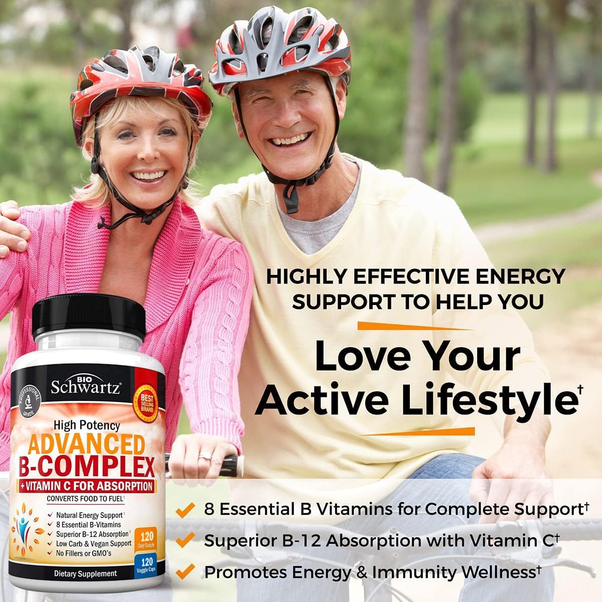 BioSchwartz Vitamin B Complex with Vitamin C – Methylcobalamin B12 & Folate Supplement, 120 Capsules - görsel 2