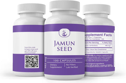 PURE ORIGINAL INGREDIENTS Jamun Seed Capsules (100 Capsules) Always Pure, No Additives Or Fillers, Lab Verified