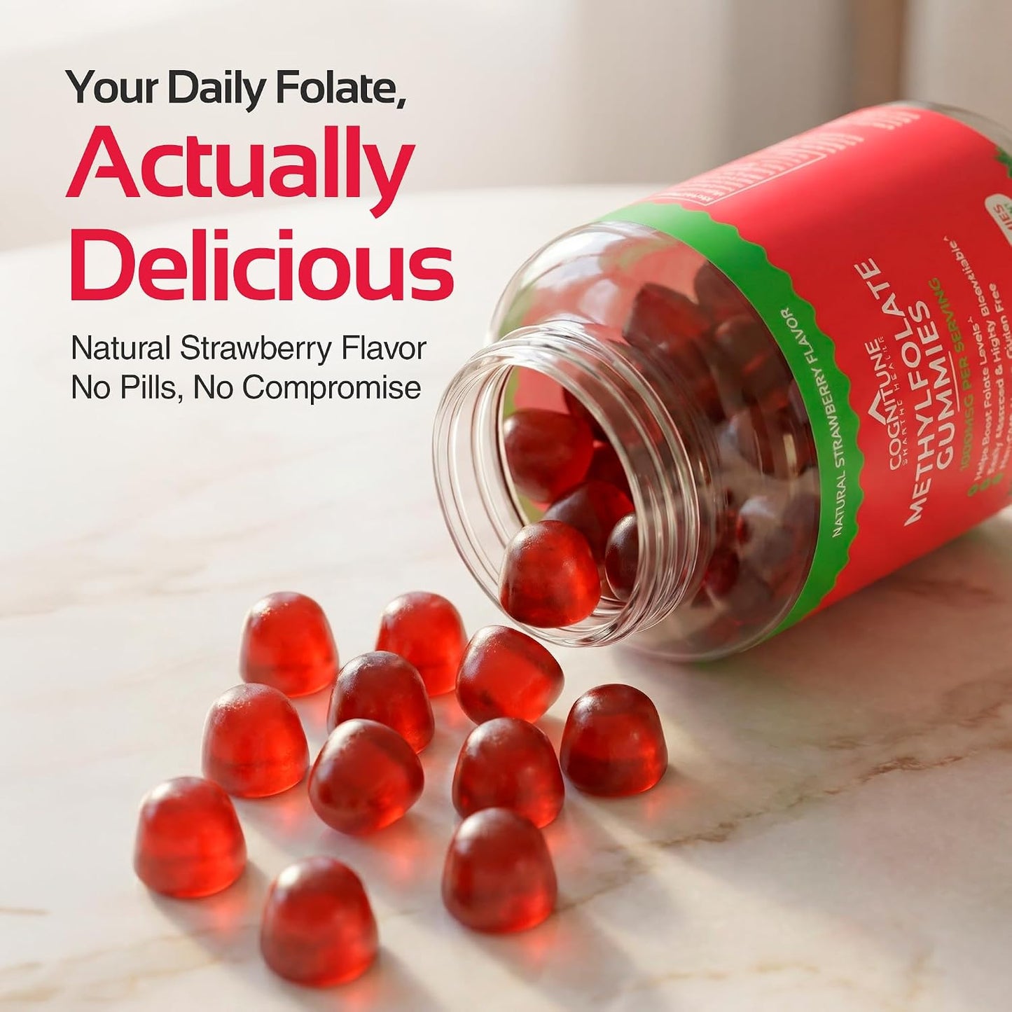 CogniTune Methylfolate Gummies - L-Methylfolate 1000mcg 5-MTHF Folate Supplement for Kids and Adults - Strawberry Chewable Vitamin B9 - Non-GMO Vegan - 60 Gummies - görsel 2