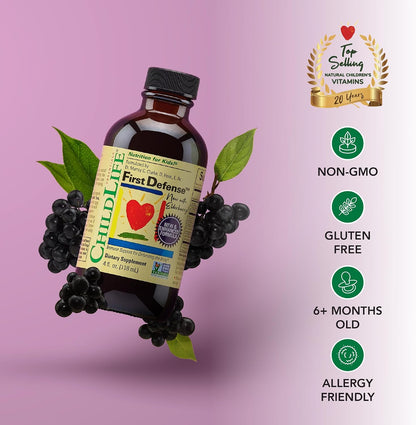 CHILDLIFE ESSENTIALS First Defence - Children's Immune Support Liquid with Elderberry & Zinc, 118 ml