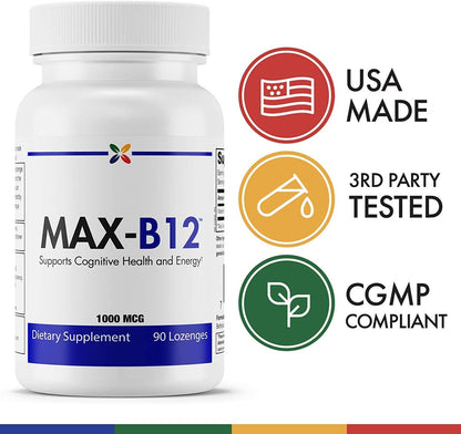 Stop Ageing Now MAX-B12 Sublingual Lozenges 1000mcg – Methylcobalamin Vitamin B12 Supplement, 90 Lozenges