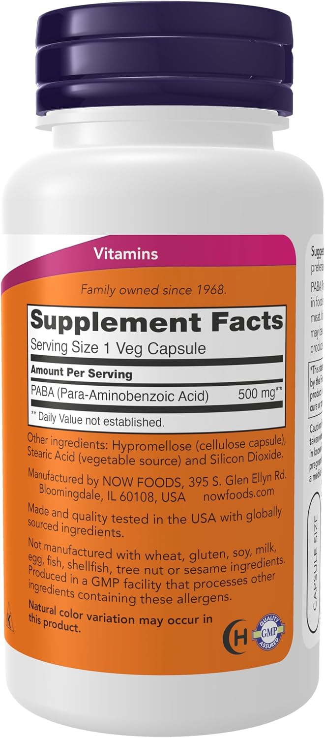 NOW Supplements, PABA (Para-Aminobenzoic Acid) 500 mg, B-Complex Family, 100 Capsules - görsel 2