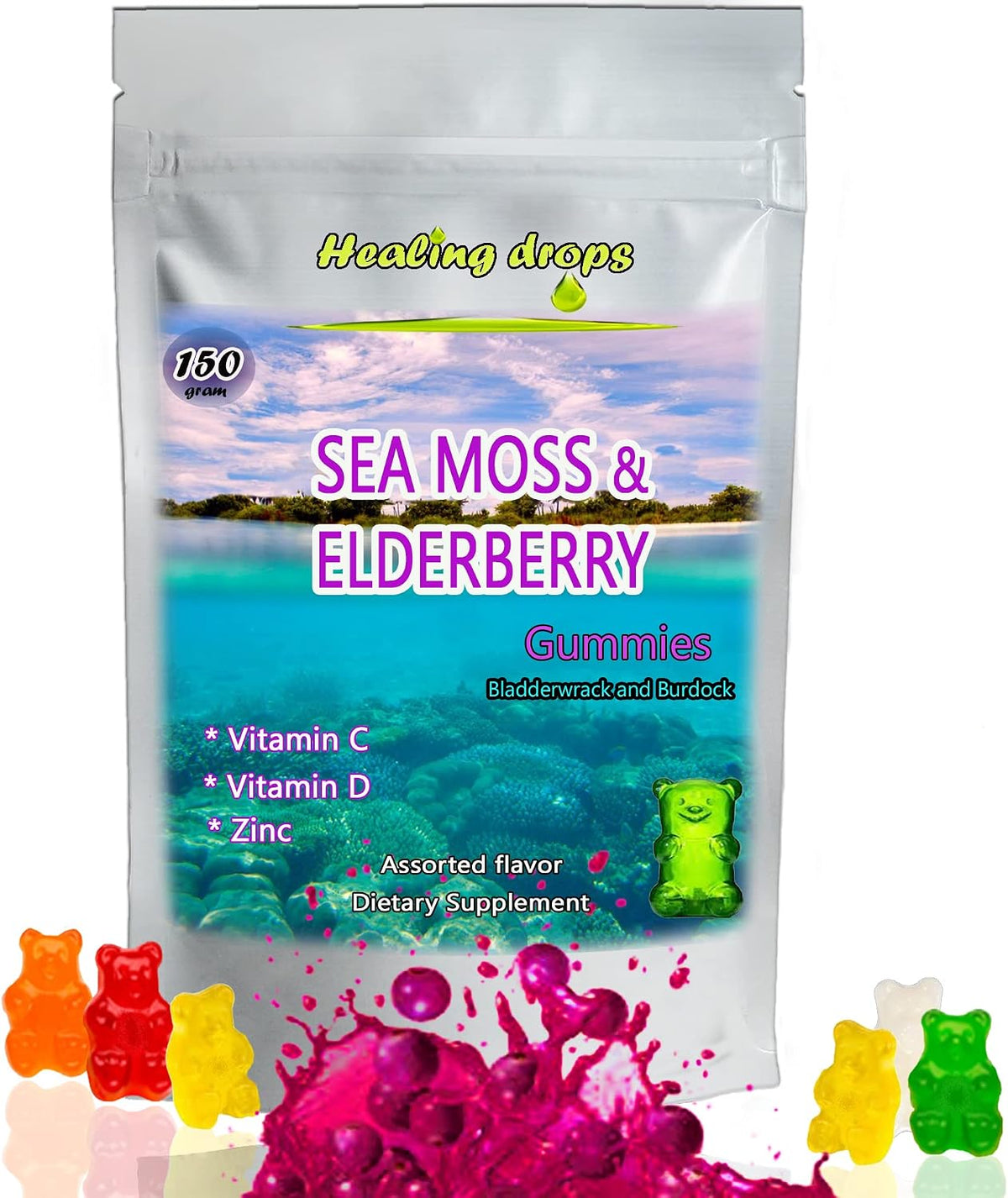 HEALING DROPS Irish Sea Moss Gummies – Organic Wildcrafted Sun-Dried Sea Moss with Bladderwrack & Burdock Root (Elderberry-Mix) - görsel 1