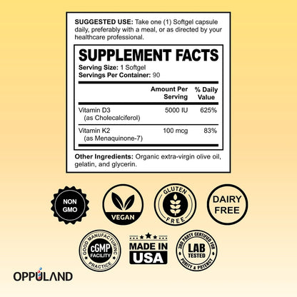 Oppuland Vitamin D3 + K2 5000 IU with Liposomal Technology - MK-7 100µg - 90 Softgels
