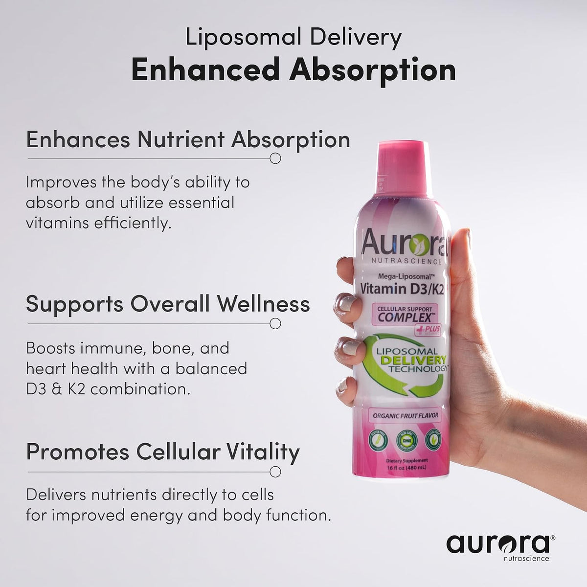 Aurora Nutrascience Mega-Liposomal Vitamin D3/K2+ with Vitamin C, Strawberry, 473 ml - görsel 6