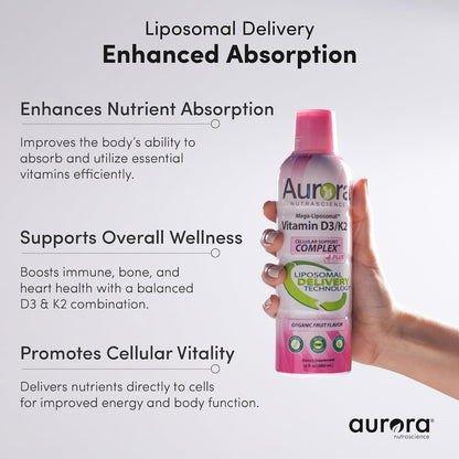Aurora Nutrascience Mega-Liposomal Vitamin D3/K2+ with Vitamin C, Strawberry, 473 ml