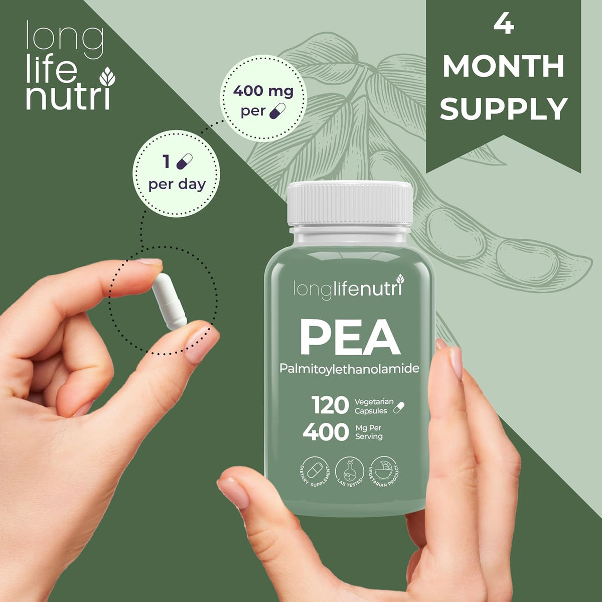 LongLifeNutri Palmitoylethanolamide (PEA) 400mg – 120 Vegetarian Capsules, Organic Supplement for Occasional Discomfort Support, 4-Month Supply, Laboratory Tested, Manufactured in USA - görsel 5