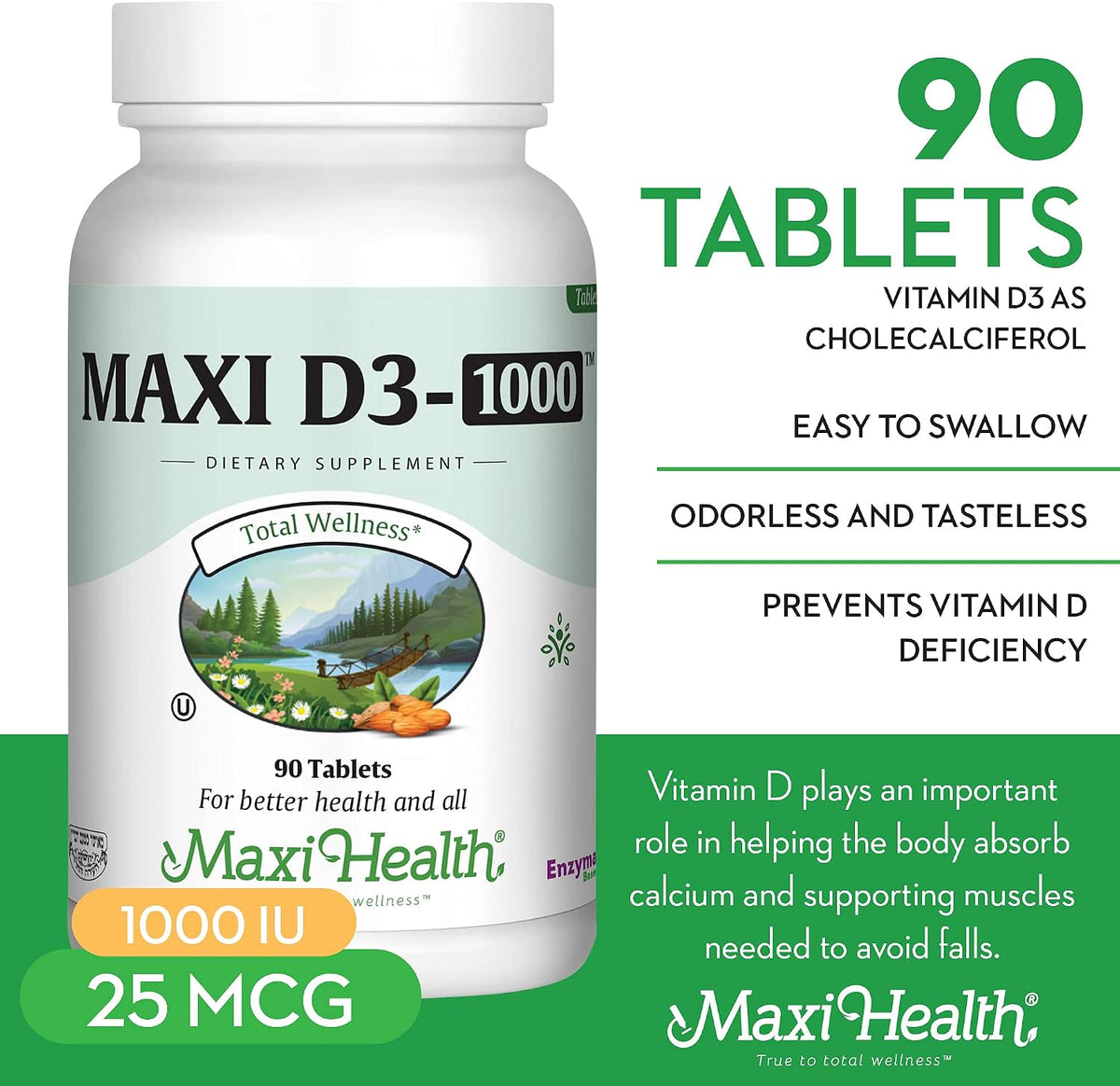 Vitamin D3 1000 IU Food Supplement – Easy to Swallow – Contributes to Normal Calcium Absorption, Immune Function and Bone Health – 90 Softgels – by Maxi Health - görsel 2
