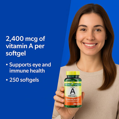 Vitamin A 2400 mcg – 250 Softgels | High Strength Supplement for Vision, Skin and Immune Support
