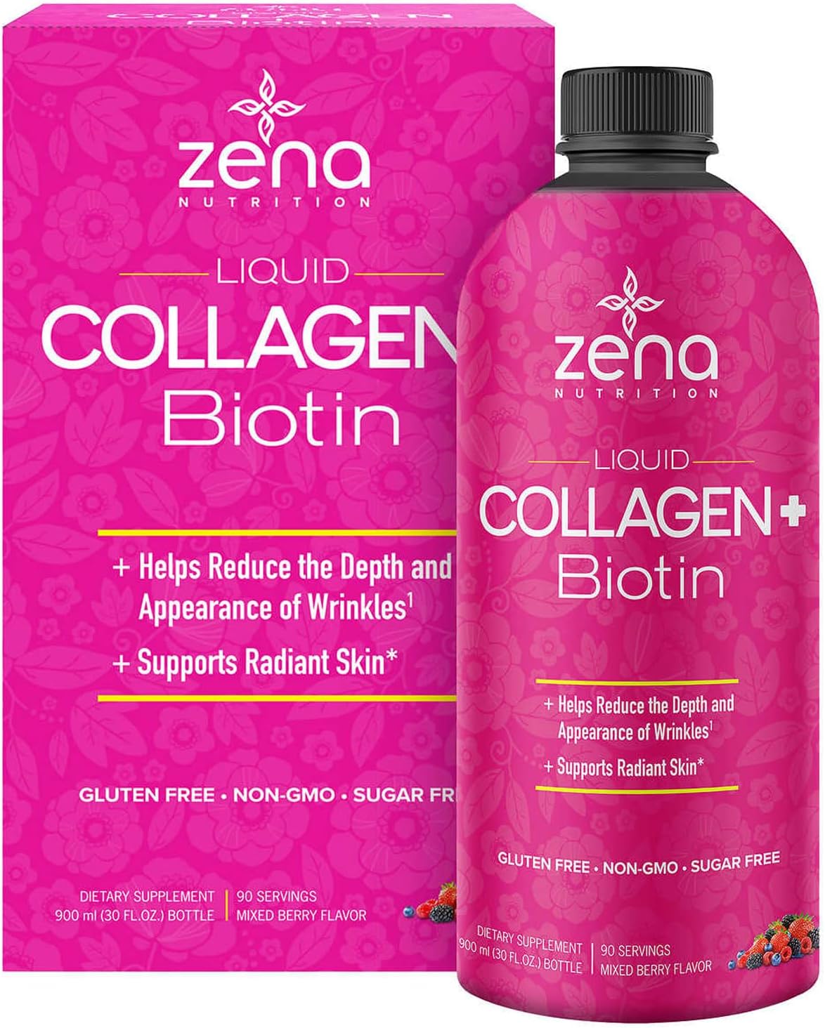 Zena Liquid Collagen + Biotin, 2500mg Collagen & 5000mcg Biotin, Verisol Formula, Mixed Berry, 90 Servings - görsel 1