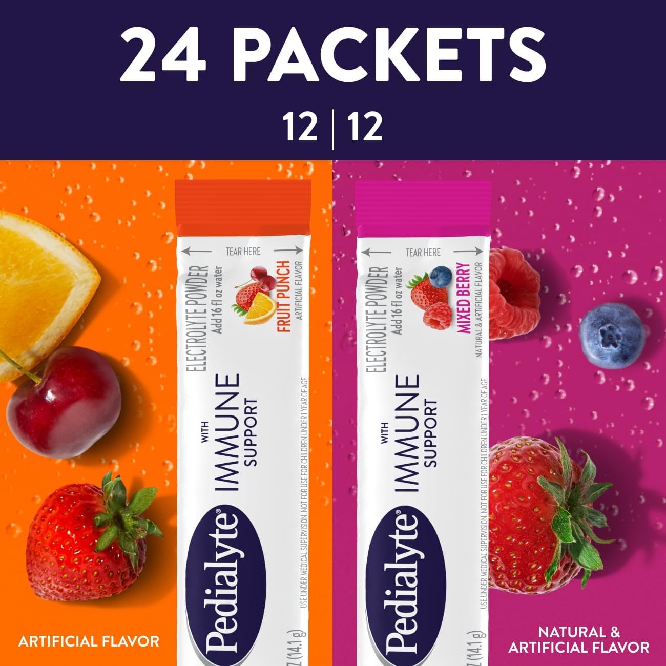 Pedialyte with Immune Support, Electrolyte Drink Powder Variety Pack (Fruit Punch & Mixed Berry) - 24 Sachets - görsel 2