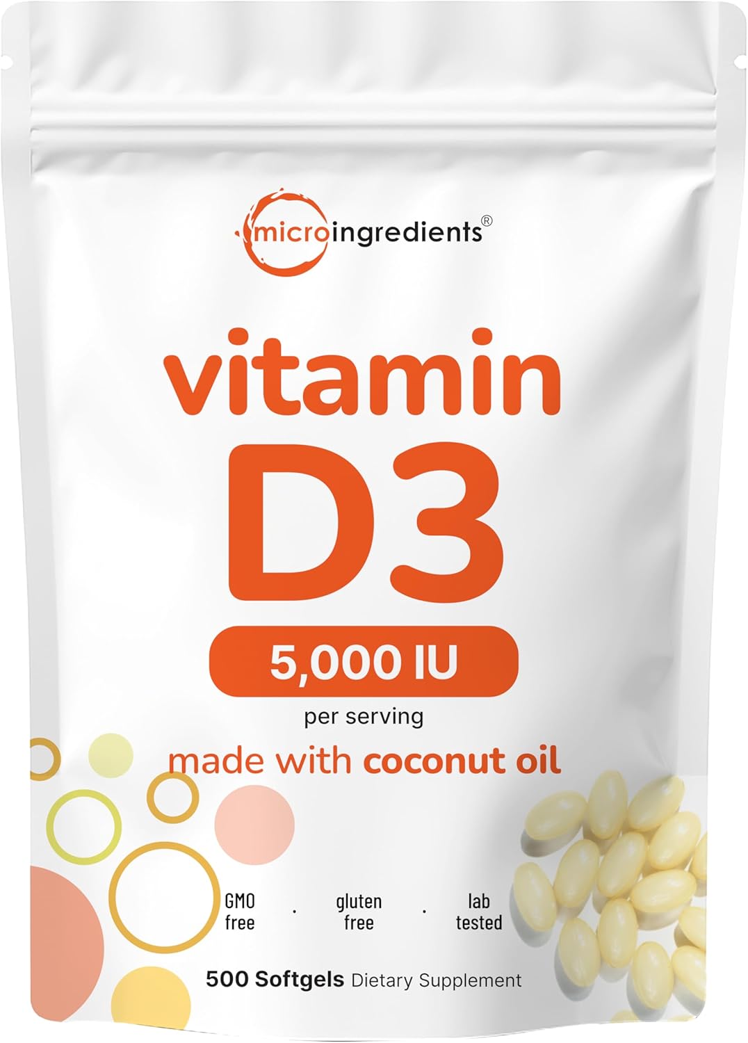 Micro Ingredients Vitamin D3 5,000 IU, 500 Soft gel capsules | Virgin Coconut Oil | Cholecalciferol | Bone & Immune Support | Non-GMO - görsel 1