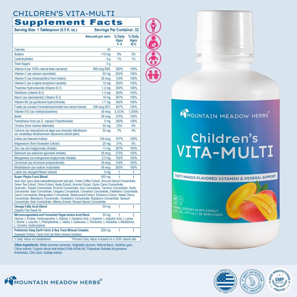 Mountain Meadow Herbs Children's Vita-Multi: Blended Vitamin & Mineral Supplement - Fast-Absorbing Liquid Kids Vitamins with Fruits, Greens, and Lutein for Eye Support (473 ml) - görsel 4