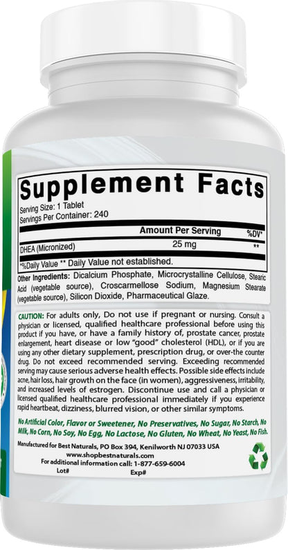 Best Naturals DHEA 25mg Supplement – Hormone Precursor – 240 Tablets