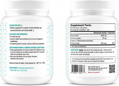 Food Supplement - Myo-Inositol and D-Chiro Inositol with Active Folate - Ideal 40:1 Ratio - (180 Servings, 387g Jar)
