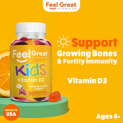 Feel Great Kids Vitamin D3 1000 IU Gummies – Citrus Flavoured, Vegetarian, 90 Count