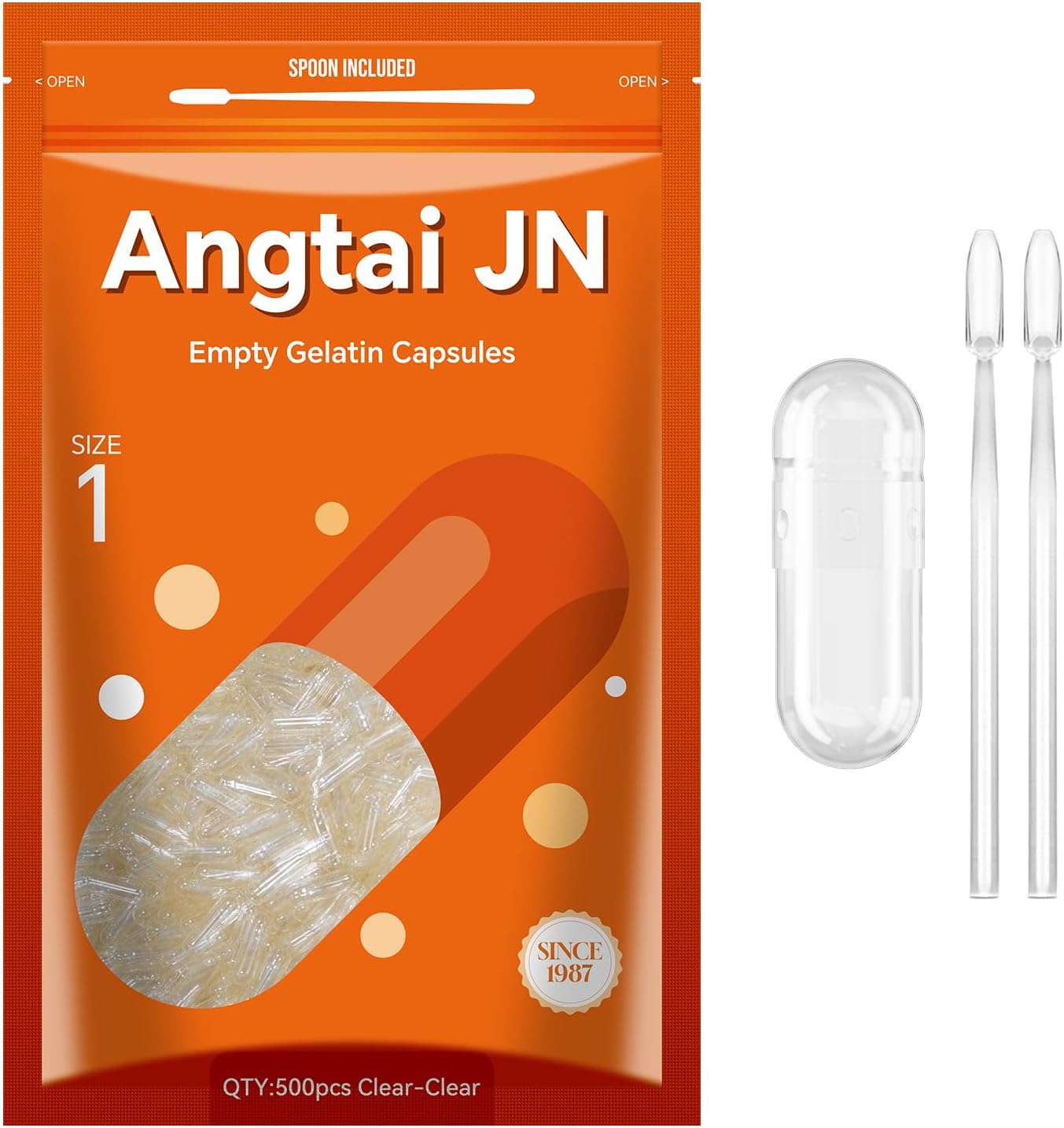 Angtai JN Empty Gelatine Capsules Size 1 (500 Count) with Filling Kit - görsel 1