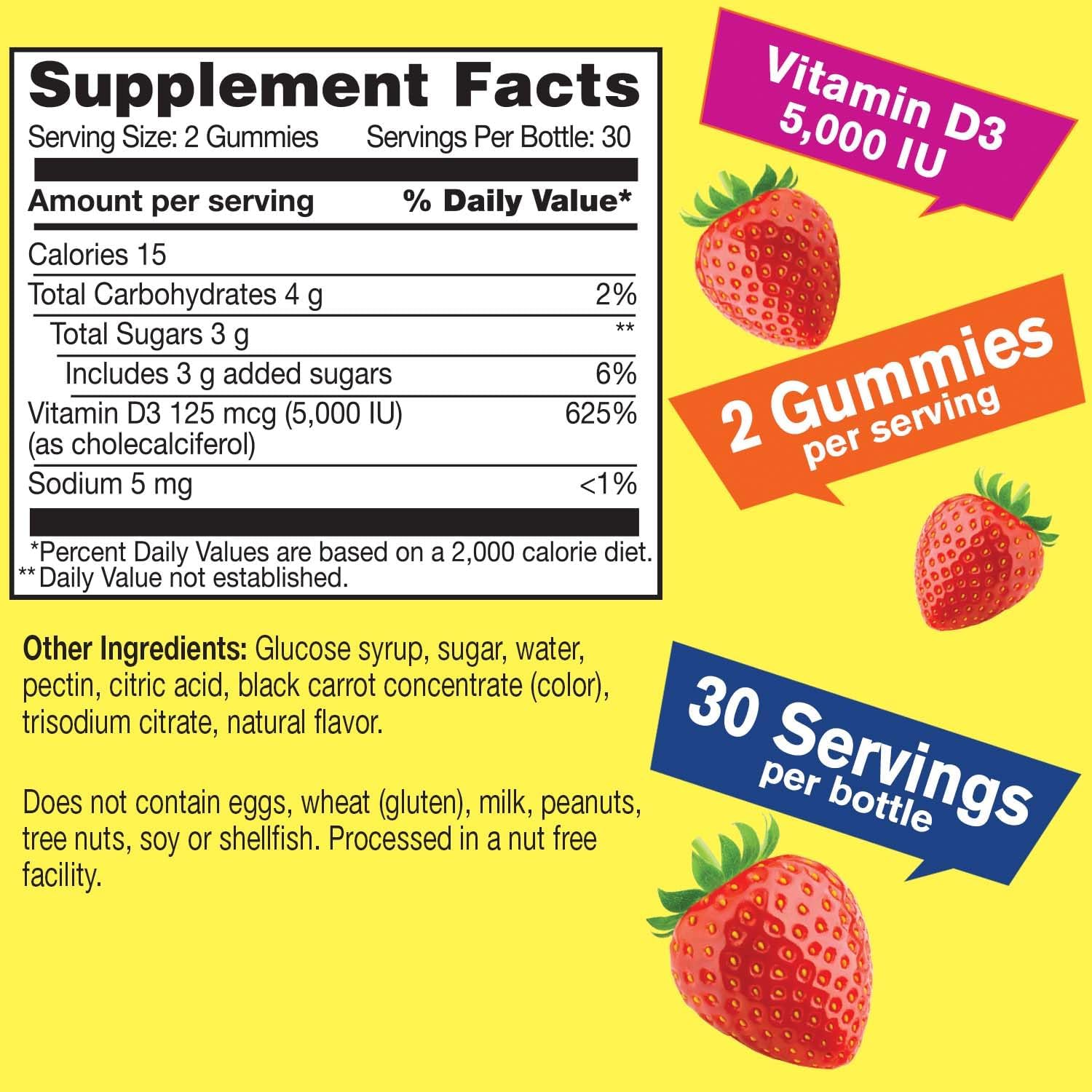 WellYeah Vitamin D3 5000 IU (125 mcg) Extra Strength Gummies - for Bone Health, Immune Support, Teeth - Non-GMO, Gluten-free, Nut Free, Vegetarian - Strawberry Flavour - 60 Gummies - görsel 2