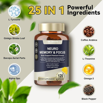 25 in 1 Brain Supplements for Memory and Focus - Nootropic Cognitive Support with L-Tyrosine, Bacopa Monnieri, Ginkgo Biloba, Alpha GPC - Non-GMO, Gluten-free