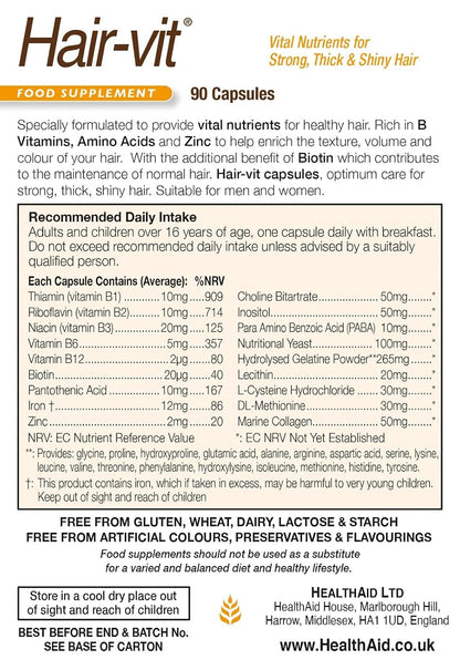 HealthAid Hair-VIT – Hair Support Supplement with Biotin, B-Complex Vitamins and Amino Acids – 90 Capsules