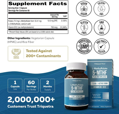 L Methylfolate 7.5mg plus Methyl B12 – Active 5-MTHF Form, MTHFR Supplement