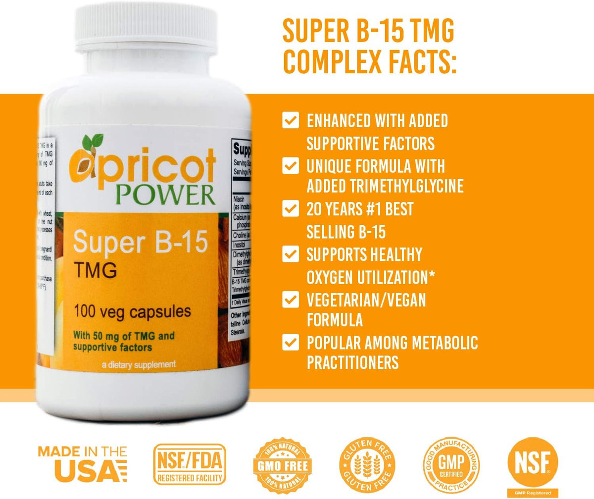 Apricot Power Super B-15 Non-Toxic Pangamic Acid - Supports Oxygen Levels & Energy - 100 Vegan Capsules - görsel 4
