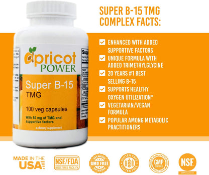Apricot Power Super B-15 Non-Toxic Pangamic Acid - Supports Oxygen Levels & Energy - 100 Vegan Capsules