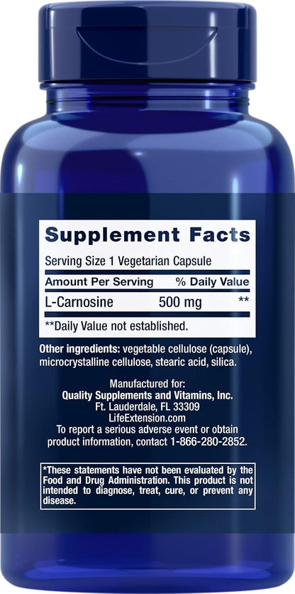 Life Extension Carnosine, Healthy Ageing, Exercise Recovery, Gluten-Free, Non-GMO, Vegetarian, 60 Capsules