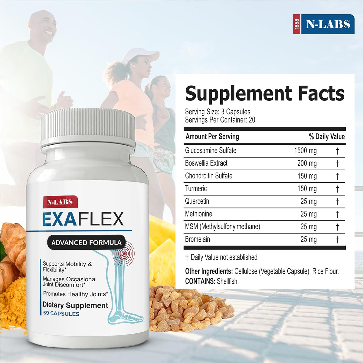 ExaFlex Glucosamine Chondroitin MSM, Bromelain Capsules - Joint Food Supplement with Boswellia, Turmeric & Quercetin (60 Capsules) - görsel 2