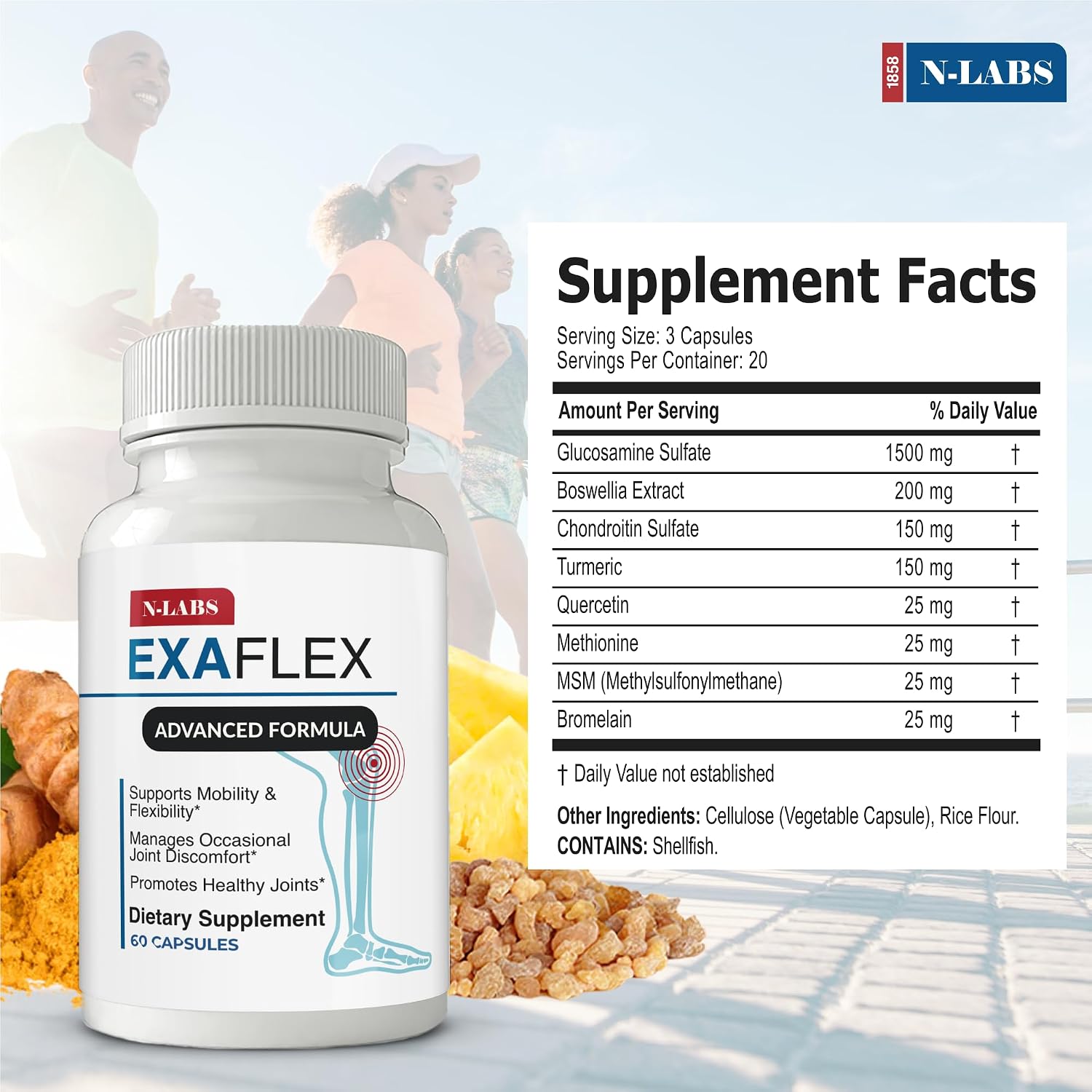 ExaFlex Glucosamine Chondroitin MSM, Bromelain Capsules - Joint Food Supplement with Boswellia, Turmeric & Quercetin (60 Capsules) - görsel 2