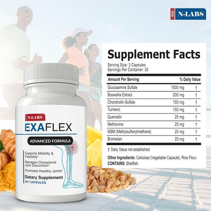 ExaFlex Glucosamine Chondroitin MSM, Bromelain Capsules - Joint Food Supplement with Boswellia, Turmeric & Quercetin (60 Capsules)